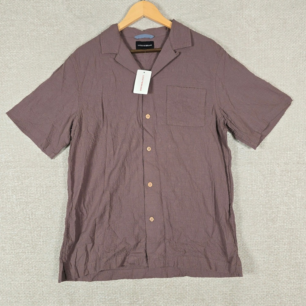 Lucky Brand Mens Textured Camp Collar Shirt Mauve Brown Short Sleeve 7MP4CS01 S